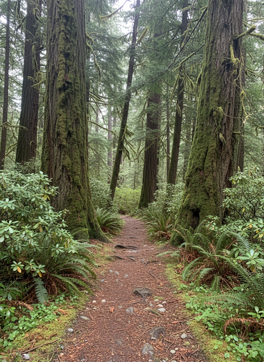 A lush, moss-covered forest trail in Vancouver, BC, winding gently between towering cedar and Douglas fir trees with rich, textured bark and deep green canopy overhead. Ferns and salal line the narrow dirt path, scattered with fallen needles and small stones. Soft, overcast daylight filters through the dense foliage, creating a natural, diffused glow and subtle shadows along the trail. Photographic realism, shot at eye level with a slight leading-line perspective, drawing the viewer into the scene. The mood is serene, grounded, and professional, emphasizing a sense of calm immersion in an authentic Pacific Northwest temperate rainforest environment.