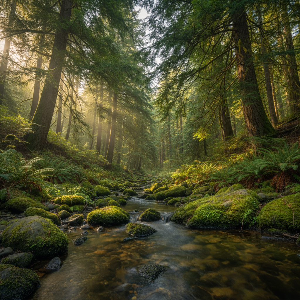 A tranquil forest clearing in Vancouver’s North Shore, featuring a small, crystal-clear stream gently flowing over rounded river stones, bordered by thick blankets of emerald moss and delicate ferns. Massive evergreens arch overhead, their branches forming a protective canopy that breaks the soft, late-afternoon light into dappled patterns on the water’s surface. Photographic realism with sharp focus throughout, captured from a low angle near the waterline. Mist hangs lightly in the air, enhancing a peaceful, meditative atmosphere ideal for wellness and reflection, conveying the quiet power of nature without any visible human presence or built structures.