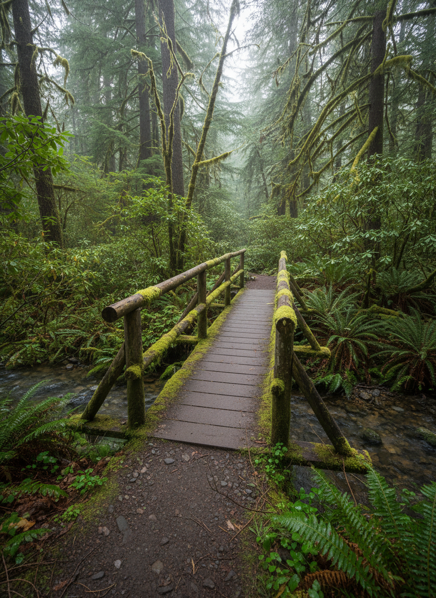 An intimate forest nook in Vancouver, where a narrow wooden footbridge crosses a shallow, clear creek surrounded by dense understory growth. The bridge’s weathered planks and simple railings blend into the environment, partially covered with moss and lichen. Soft, overcast natural light gently illuminates the scene, creating muted reflections in the water and subtle highlights on wet stones. Photographic realism, eye-level composition, with the bridge leading into the frame and disappearing into shadowed trees beyond. The atmosphere is peaceful, inviting, and introspective, evoking a sense of gentle transition and connection with the living landscape.