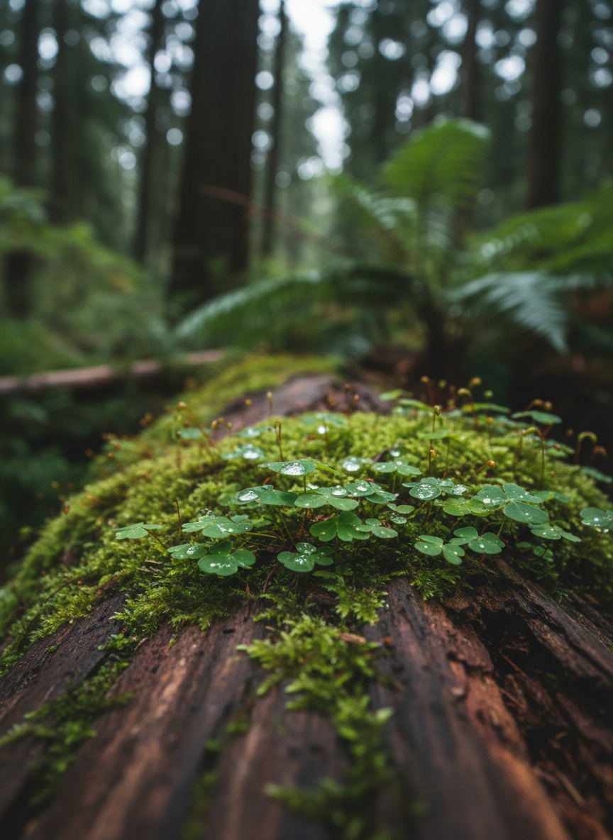 A close-up, photographic view of an outstretched hand-sized patch of vibrant green moss and tiny clover-like plants growing on a damp, decaying log in a Vancouver forest. Droplets of recent rain glisten on the leaves and bark, catching the cool, diffused daylight filtering through the overstory. The background falls into a soft bokeh of blurred trunks and foliage, emphasizing the intimate detail of the forest floor. Captured from a low, macro-style angle, the composition feels calm, contemplative, and grounding, evoking mindful observation and slow, intentional connection with nature in a professional, wellness-focused context.