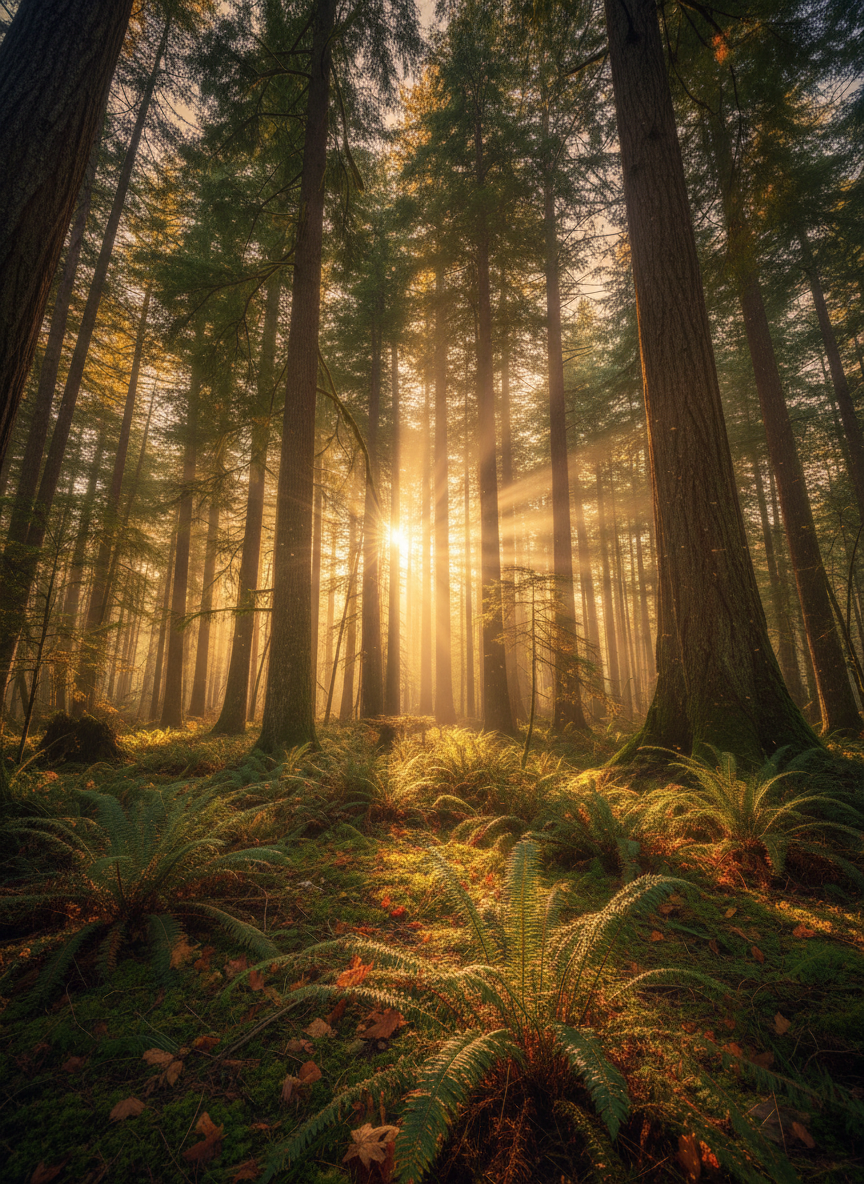 A tranquil Vancouver forest scene at golden hour, with warm light streaming horizontally through tall fir and cedar trunks, creating long, soft-edged shadows on a bed of ferns, moss, and fallen leaves. The canopy above glows in rich, layered greens and golds, while dust and pollen float visibly in the sunbeams. Photographic realism with a slightly low angle, emphasizing the height of the trees and the radiance of the natural light. The composition feels immersive and contemplative, balancing professional clarity with an inviting sense of warmth and emotional renewal in nature.