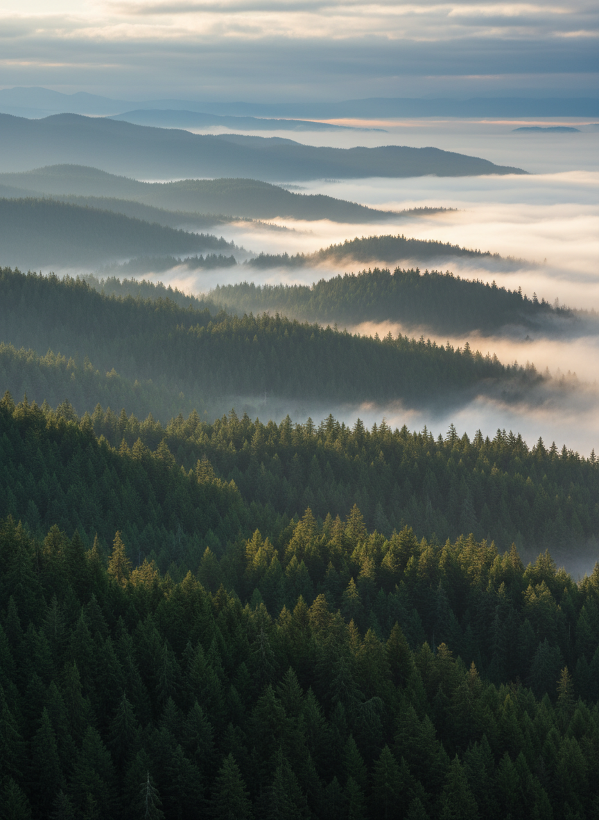 A wide, photographic view of a forested mountainside near Vancouver at early morning, with layers of evergreen trees receding into gentle coastal fog. The canopy stretches across the frame in textured waves of deep green, while small shafts of pale sunlight break through the mist, illuminating selected treetops with a subtle glow. Captured from a slightly elevated vantage point with strong depth and clarity, the composition uses the rule of thirds to balance forest, fog, and sky. The mood is expansive, calm, and quietly inspiring, perfect for conveying the restorative scale and beauty of forest immersion experiences.
